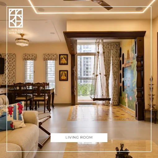 Traditional Indian Living Room with Indoor Jhunjhala / Swing Balcony Zone with Traditional Indian Living Room at Deskanddecor