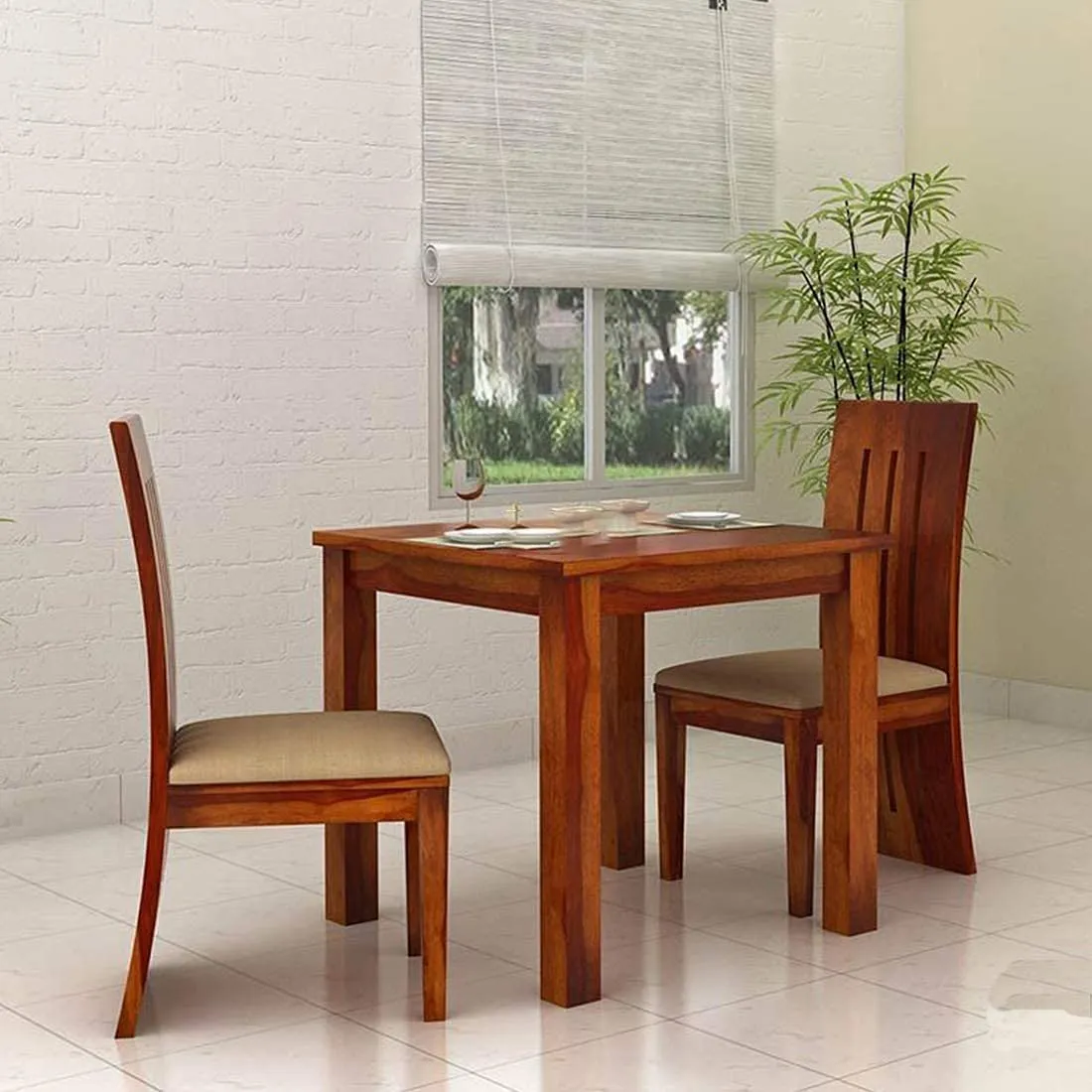 Furniture Sheesham Wood 2 Seater Dining Table with 2 Cushion Chairs with 2 Seater Dining Tables at Deskanddecor