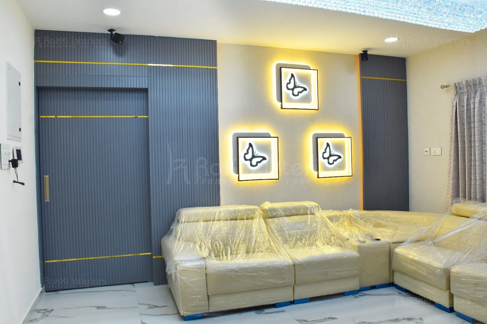 Living Room with Fluted Panel Wall & Backlit Butterfly Wall Art with Modern Living Room Designs at Deskanddecor