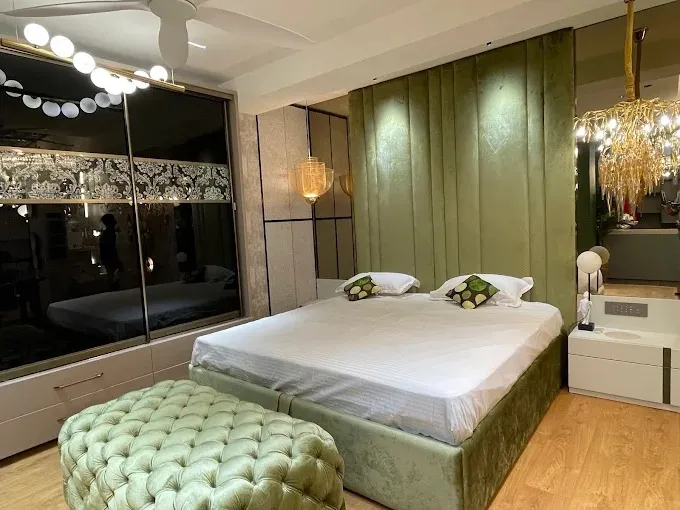 Luxury Bedroom with Olive Green Channel Tufted Headboard with Modern Bedroom at Deskanddecor