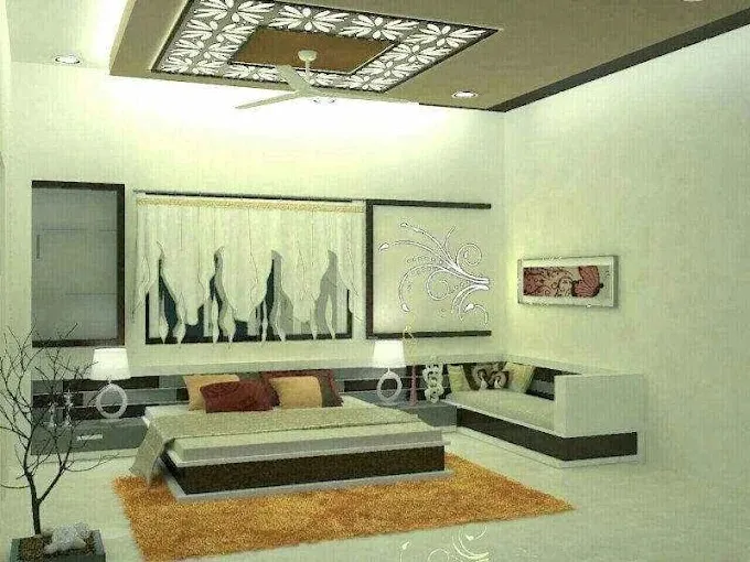 Bedroom with Decorative Floral Ceiling Panel & Wall Art with Modern Bedroom at Deskanddecor