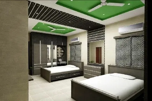 Bedroom with Green False Ceiling & Grey Textured Wardrobe with Modern Bedroom at Deskanddecor