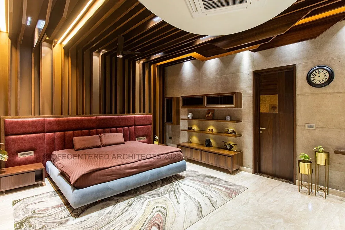 Luxury Bedroom with Fluted Wood Ceiling & Concrete-Finish Accent Wall with Modern Bedroom at Deskanddecor