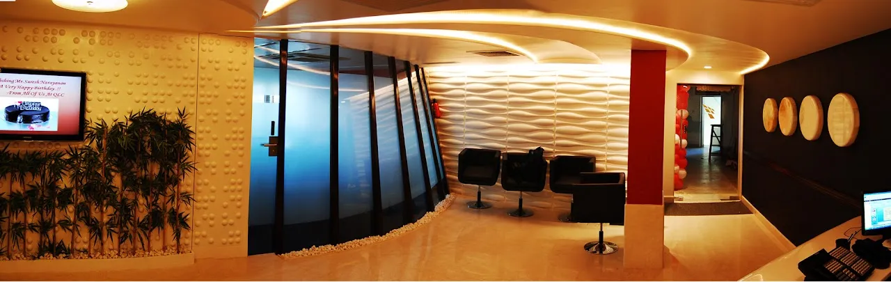 Corporate Office Reception with Curved Cove Ceiling with Modern Office Designs at Deskanddecor