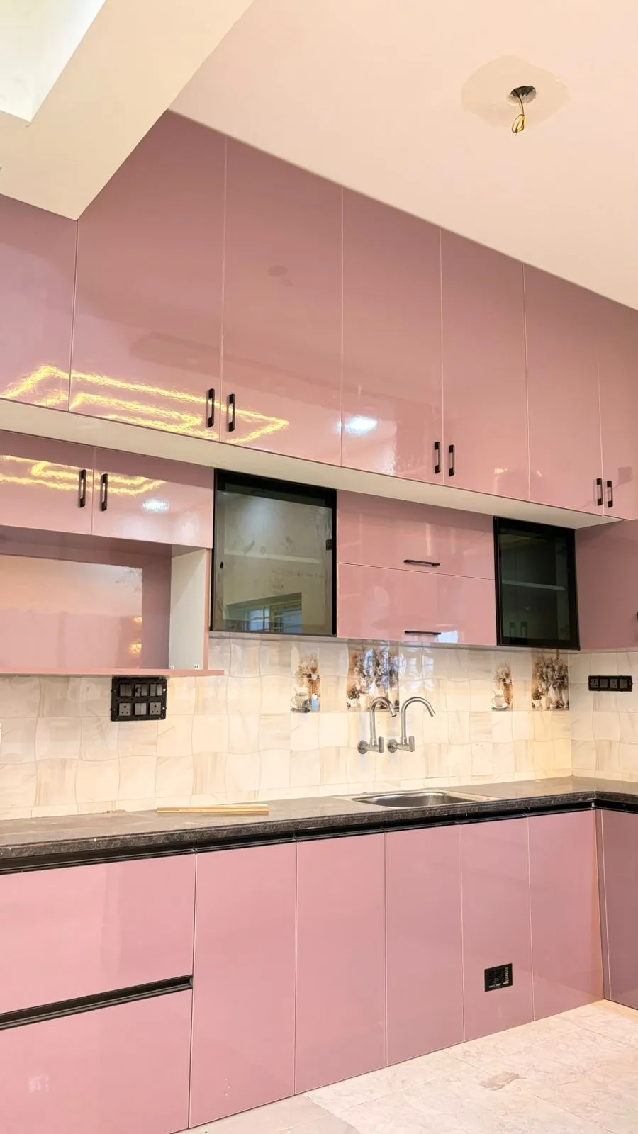Premium Pastel Lavender & Wood Grain Multi-Tier Kitchen Cabinets with Wall Cabinets at Deskanddecor