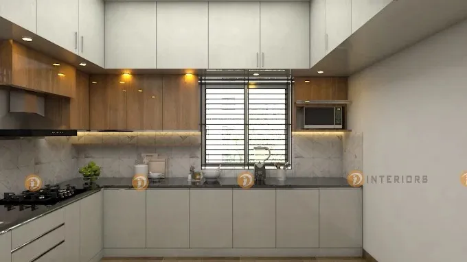 U-Shaped Modular Kitchen with Wood & White Cabinetry with Modular Kitchen at Deskanddecor