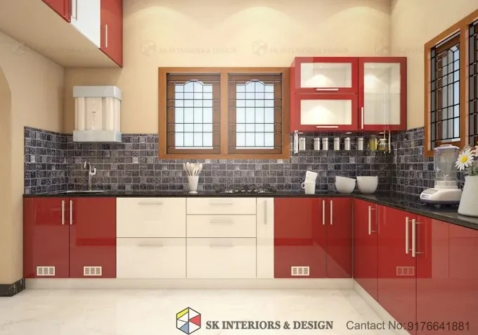 L-Shaped Modular Kitchen – Red & White Glossy Finish with Modular Kitchen at Deskanddecor
