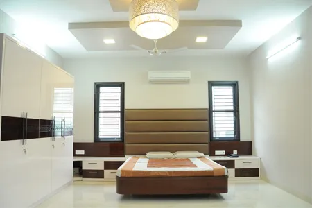 Bedroom with Channel-Tufted Headboard & Twin Window Symmetry with Modern Bedroom at Deskanddecor