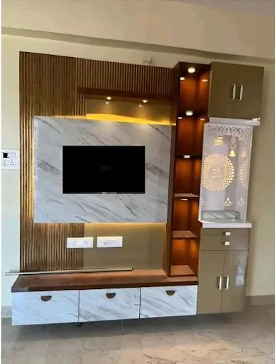Marble-Panel TV Unit with Integrated Pooja (Prayer) Cabinet with TV Unit Focused Design at Deskanddecor