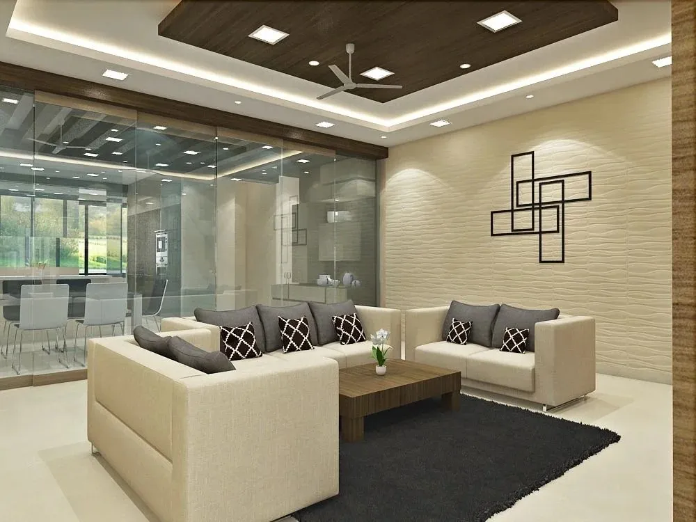 Modern Living Room with Textured 3D Wall Panel & Glass-Partitioned Dining Area with Modern Living Room Designs at Deskanddecor