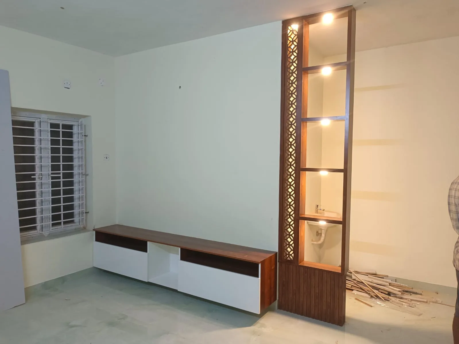 Modern Divider Floating Media Console with Decorative Jali Partition with Wall Mounted TV Units at Deskanddecor