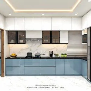 L-Shaped Modular Kitchen – Dual Tone (Blue & White) with Modular Kitchen at Deskanddecor