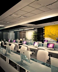 Modern Corporate Office Workstation Area with Yellow Accent Wall with Corporate Office Layouts at Deskanddecor