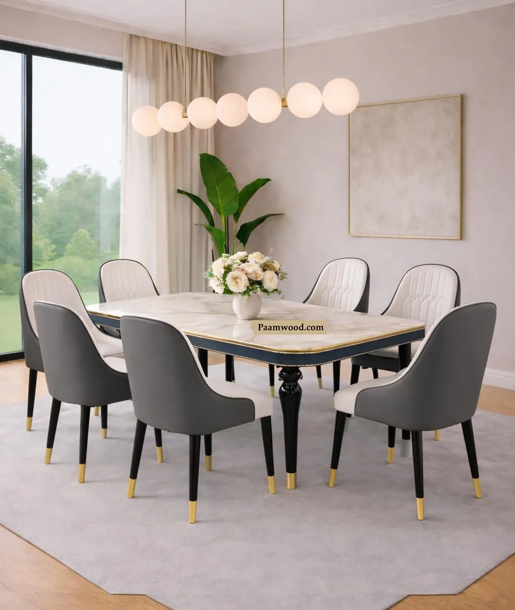 6 Seater Dining Table Set with Nano Composite Marble Top, Solid Wood Base & 6 Upholstered Chairs with 4 Seater Dining Tables at Deskanddecor