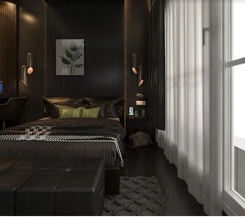 Moody Dark-Themed Bedroom with Fluted Panel Headboard Wall with Modern Bedroom at Deskanddecor