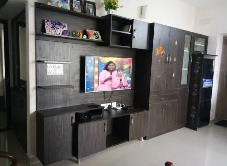 Living Room with Dark Wenge Wood TV Wall Unit with TV Unit Focused Design at Deskanddecor