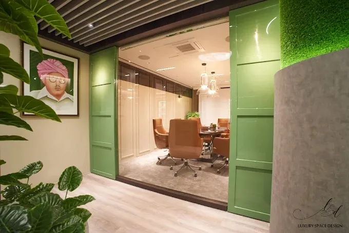 Corporate Meeting Room with Green Sliding Doors & Artistic Corridor with Corporate Office Layouts at Deskanddecor