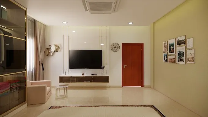 Modern Minimalist Living Room Interior with TV Unit Focused Design at Deskanddecor