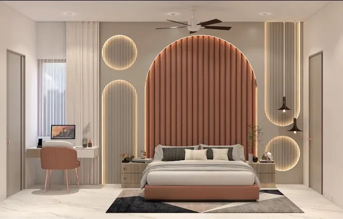 Bedroom with Arched Terracotta Channel-Tufted Headboard Wall with Modern Bedroom at Deskanddecor