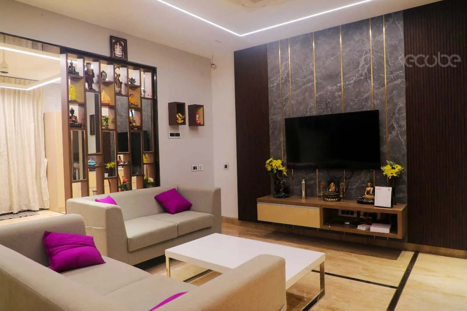 Luxury Living Room Set with Marble & Gold-Strip TV Unit with Modern Living Room Designs at Deskanddecor