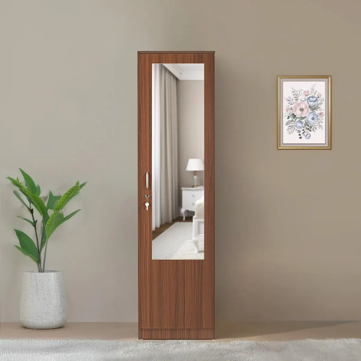 Joyce 1 Door Wooden Wardrobe with Mirror for Bedroom with Mirror Wardrobes at Deskanddecor