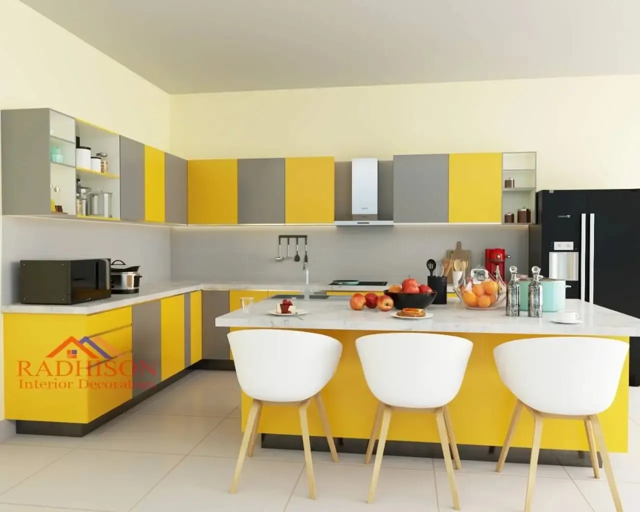 Vibrant Yellow & Grey Modular Kitchen with Island Breakfast Counter with Modern Dining Room Designs at Deskanddecor