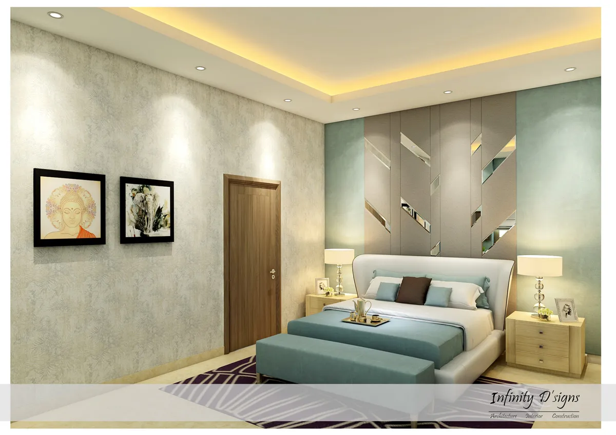 Master Bedroom with Mirror-Inlay Feature Wall with Modern Bedroom at Deskanddecor