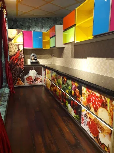 Vibrant Multi-Color Modular Kitchen with Digital Print Graphics with Modular Kitchen at Deskanddecor