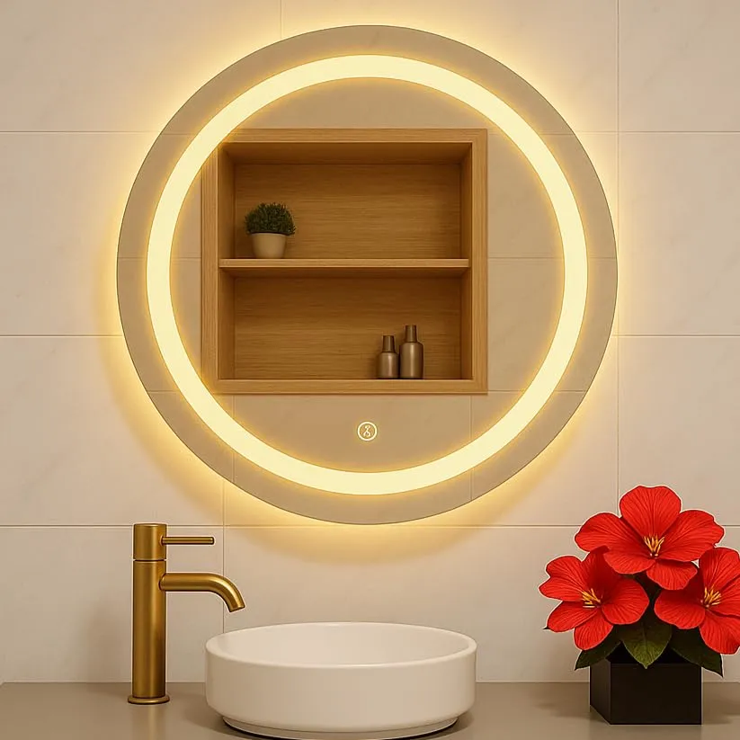 Wall Mounted Framed Round Mirror with Light 24 Inch X 24 Inch with LED Mirrors at Deskanddecor