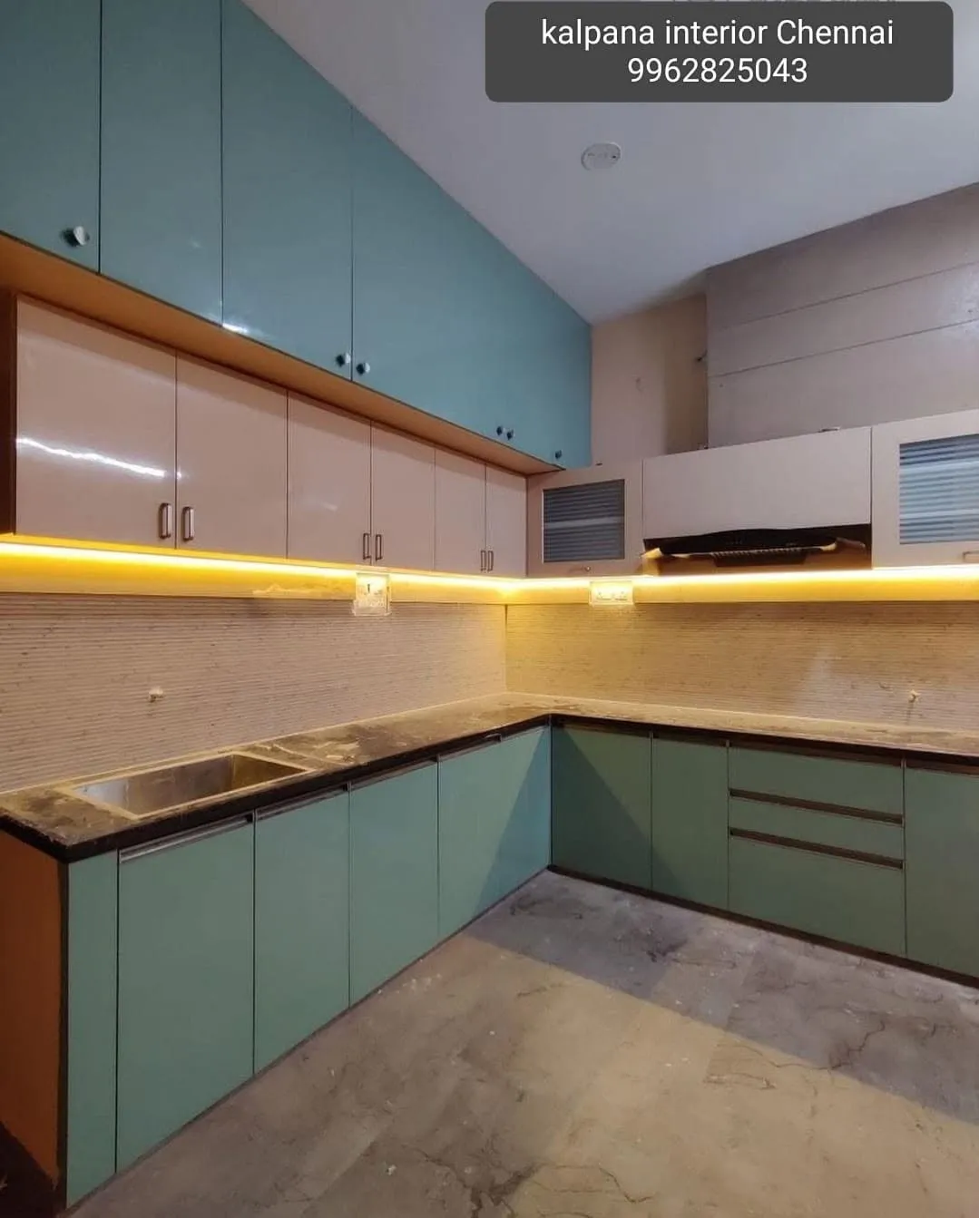 L-Shaped Modular Kitchen with Dual-Tone Cabinets & LED Profile Lighting with Modular Kitchen at Deskanddecor