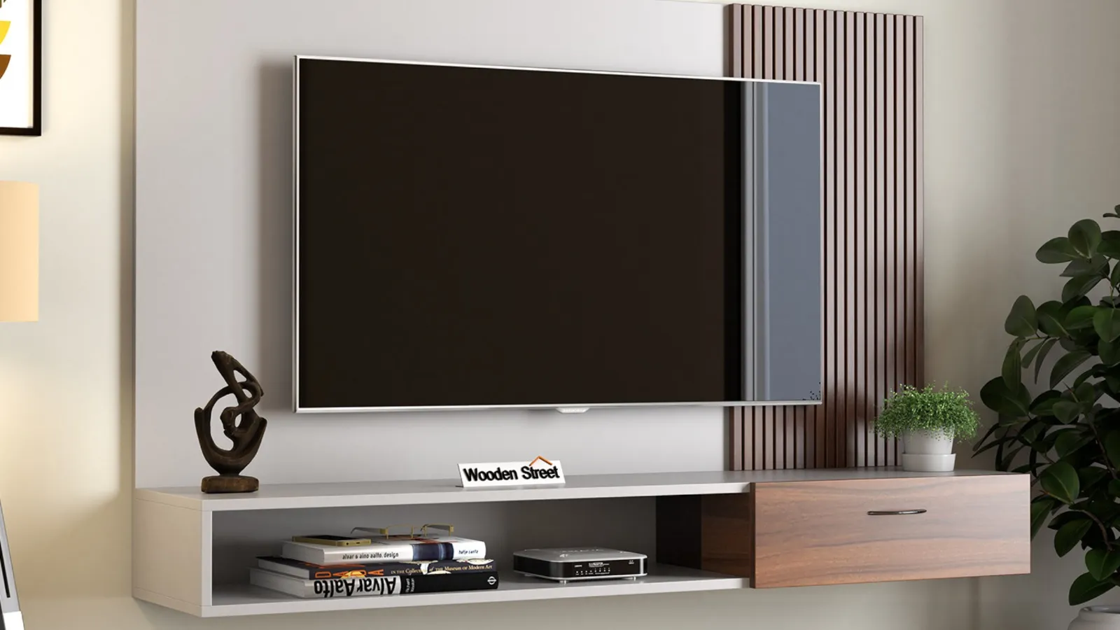 Wall-Mounted TV Unit with Wooden Slat Panel & Storage Drawer with TV Unit Focused Design at Deskanddecor