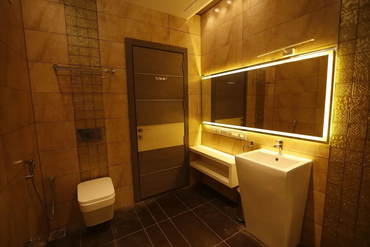 Luxury Bathroom with Backlit LED Mirror & Pedestal Basin with Spa Style Bathroom at Deskanddecor