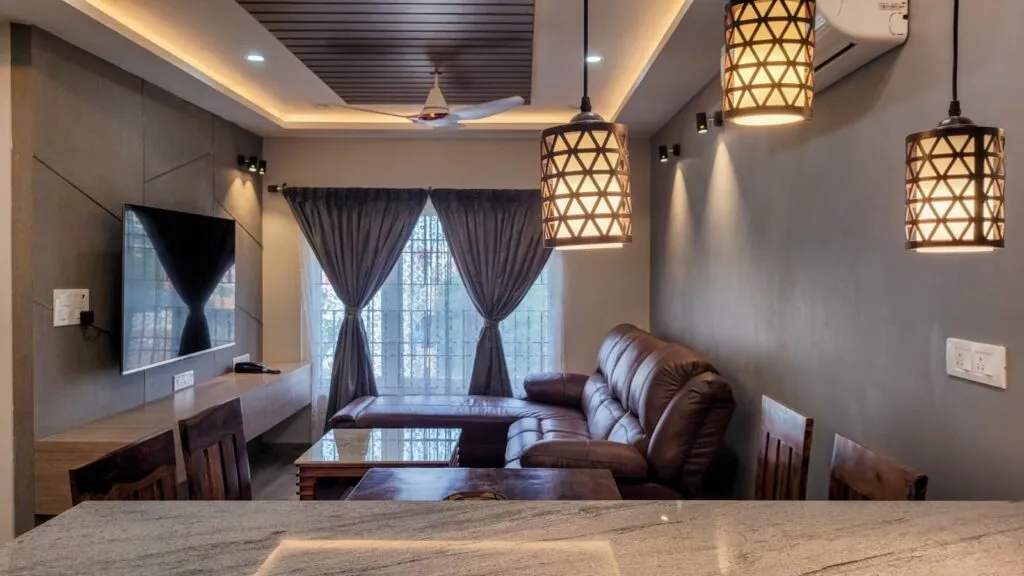 Living Room with Statement Pendant Lighting with Modern Living Room Designs at Deskanddecor