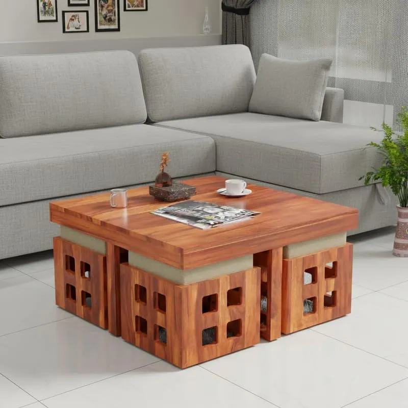 Solid Sheesham Wood Coffee Table with 4 Stool with Nested Coffee Tables at Deskanddecor