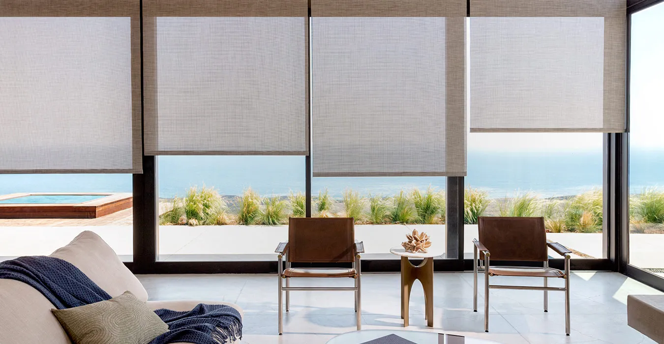 Textured Solar Screen Roller Blinds with Curtains & Drapes at Deskanddecor
